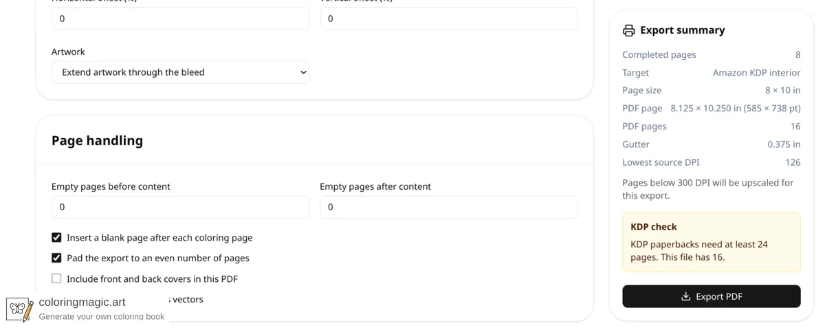 Page handling for a KDP coloring page export, with a blank page after each coloring page, even-page padding, covers left out, and export as vectors on