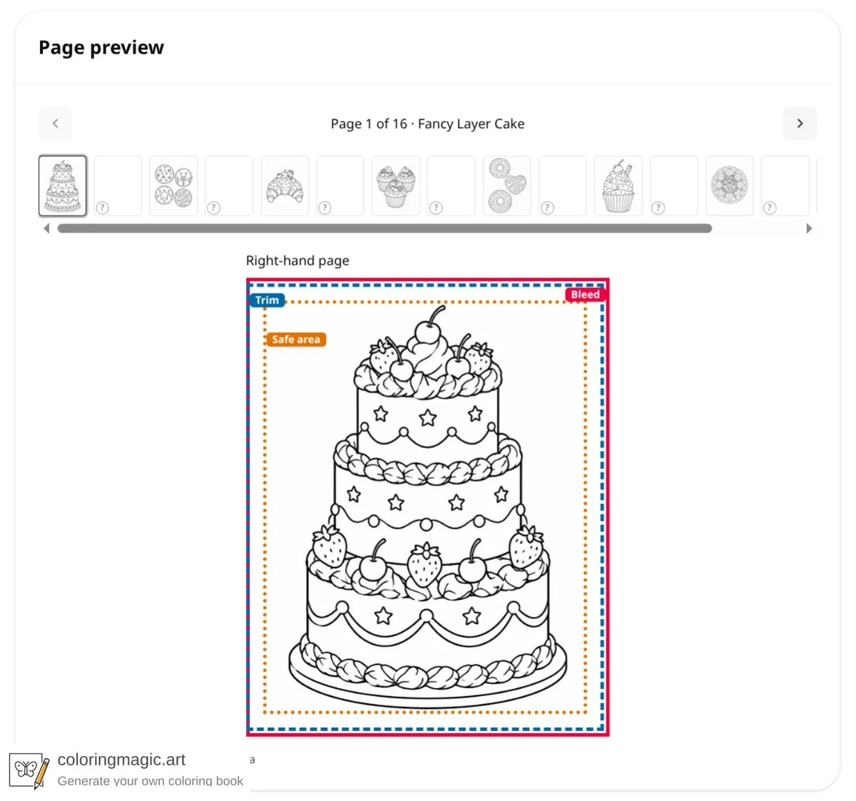 Page preview of a cake coloring page on a right-hand sheet, with bleed, trim, and safe area guides, plus a thumbnail of every PDF page