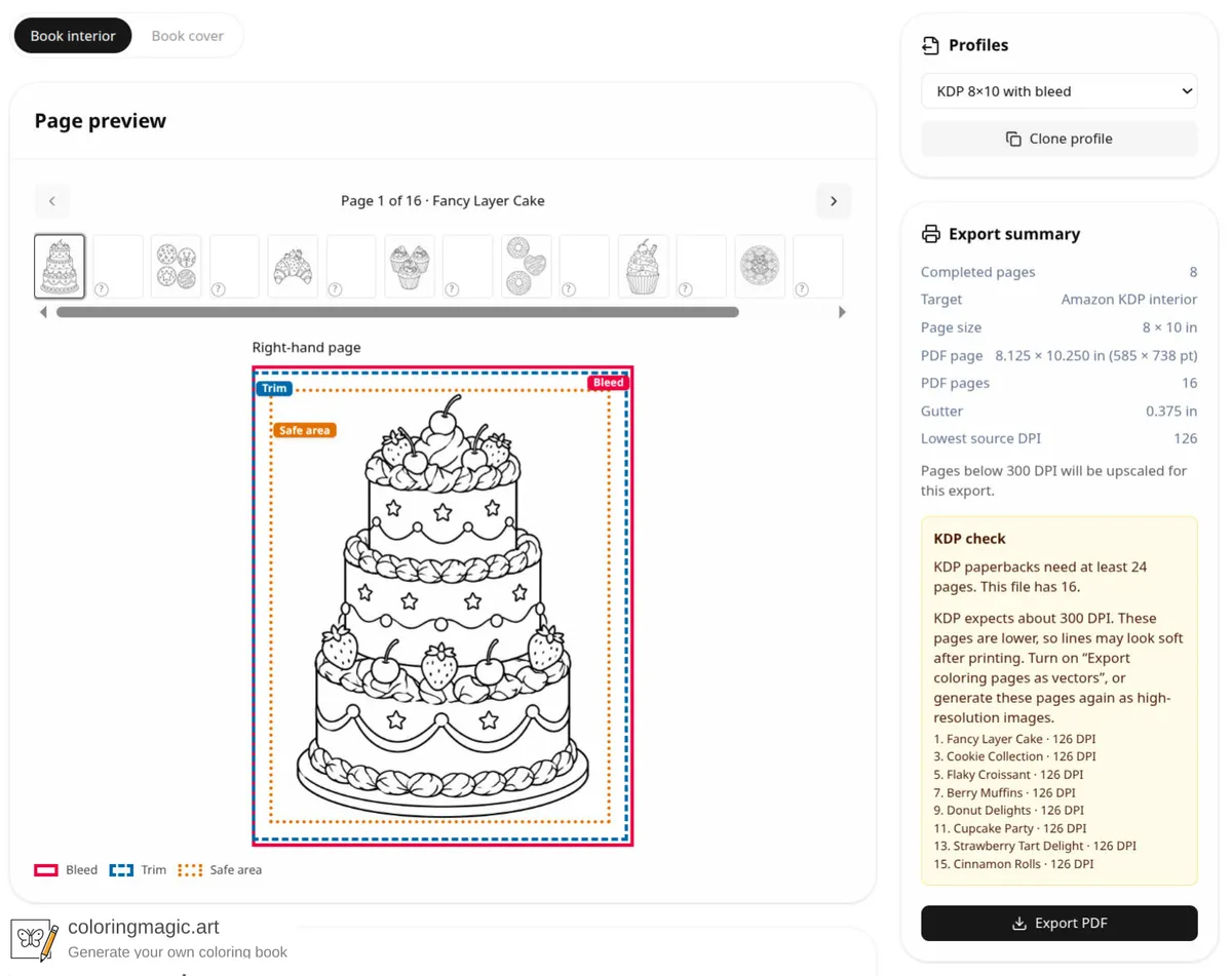 Printing profile for an Amazon KDP 8 by 10 interior with bleed, with the page preview, profiles menu, and the KDP check