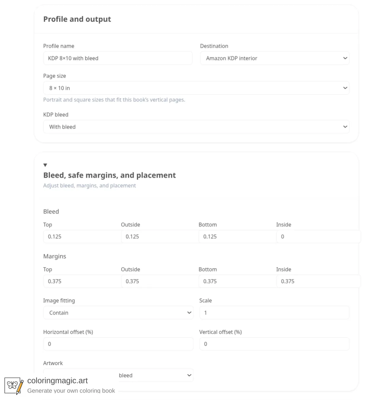 Profile inputs for an 8 by 10 KDP coloring page with bleed: Amazon KDP interior, bleed and margin fields, image fitting, and artwork
