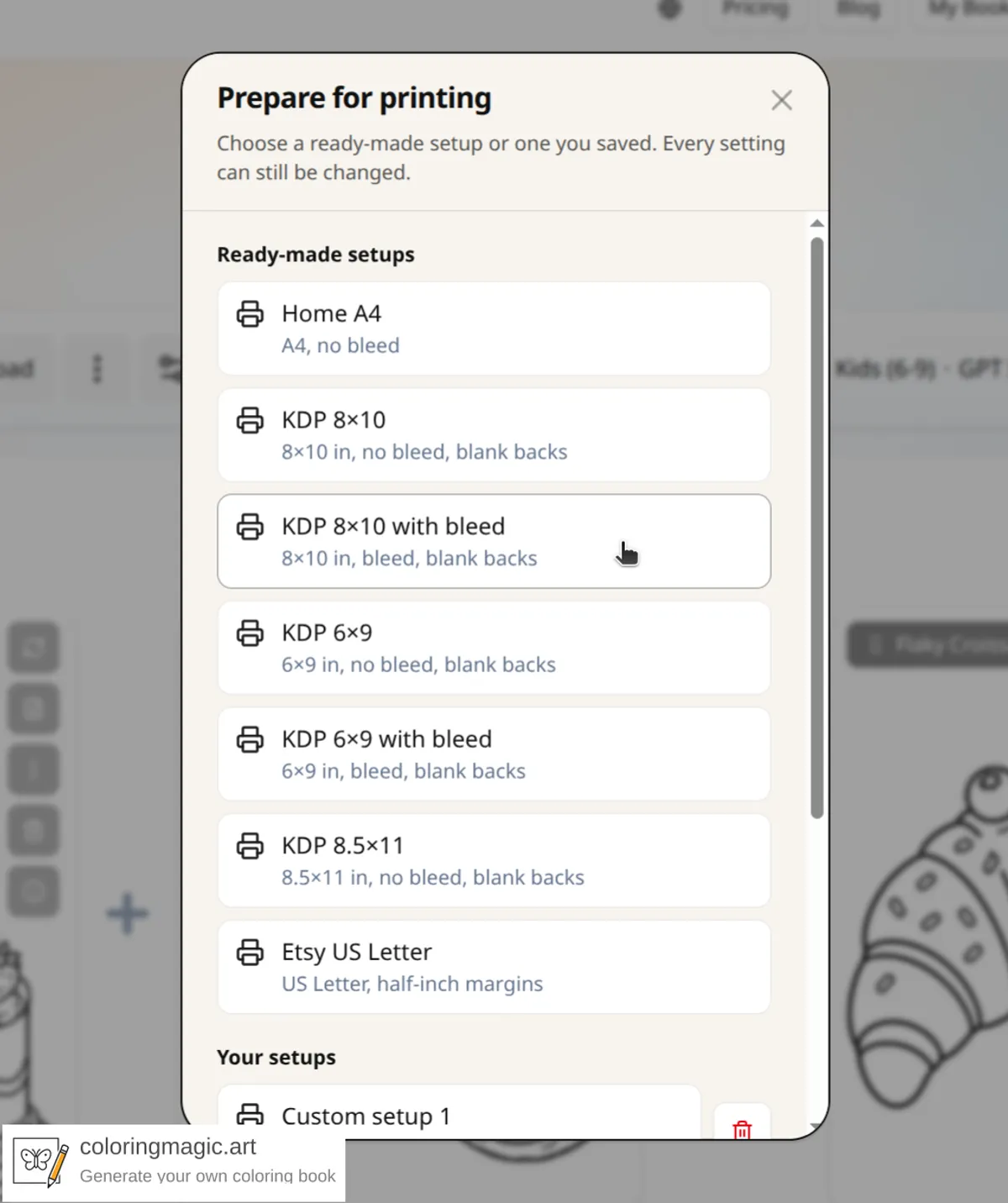 Prepare for printing for a vertical book of coloring pages, with ready-made setups and KDP 8 by 10 with bleed highlighted, plus a custom setup