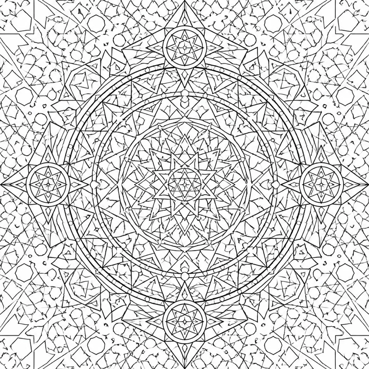 Geometric mandala coloring page generated at low quality with very dense small shapes