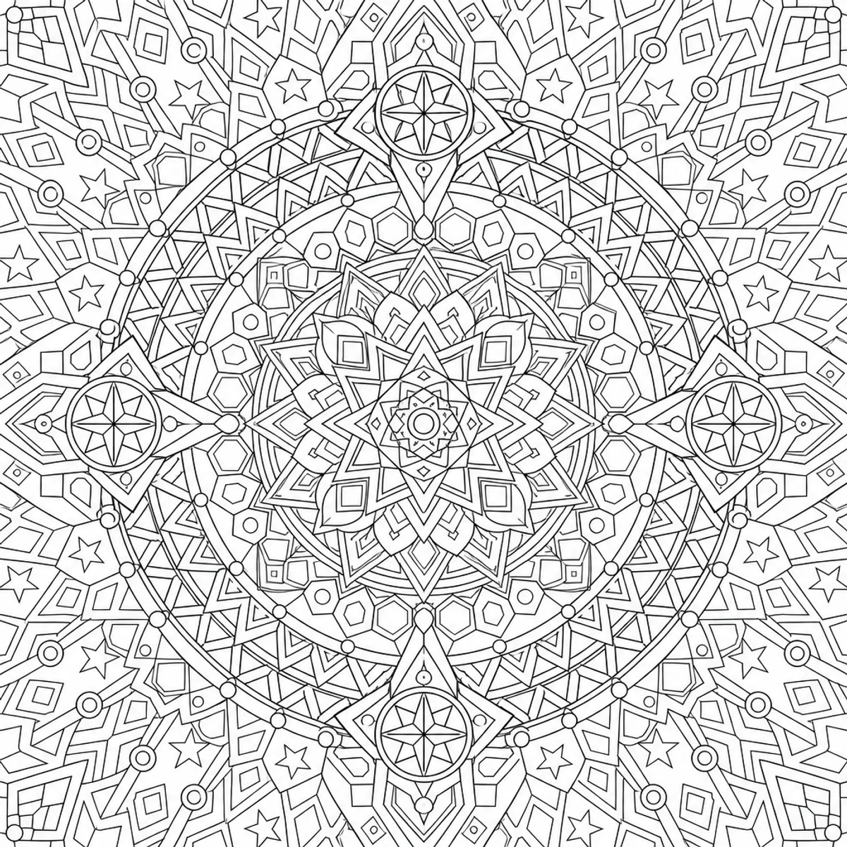 Geometric mandala coloring page at medium quality with clearer stars and repeating motifs