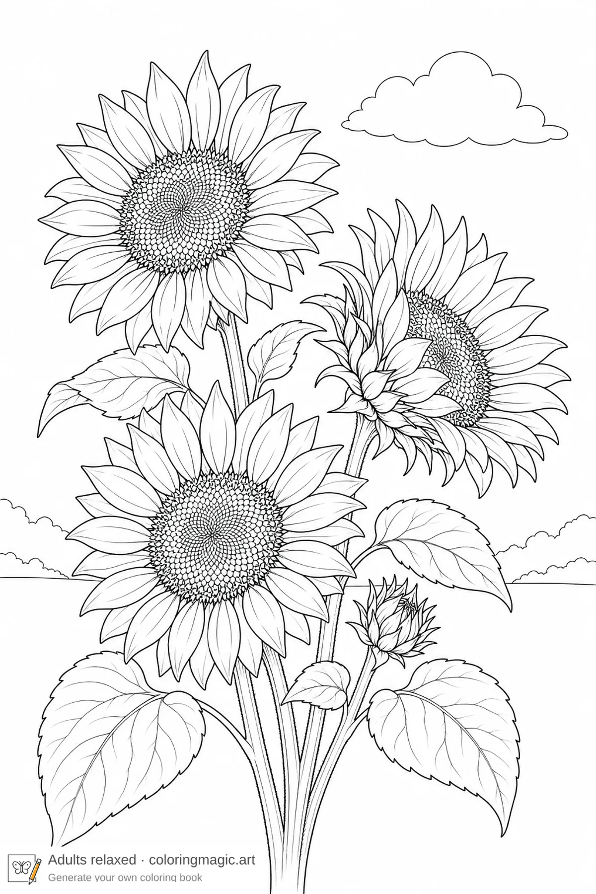 Three sunflowers with soft sky and distant field, relaxing summer flower coloring page printable