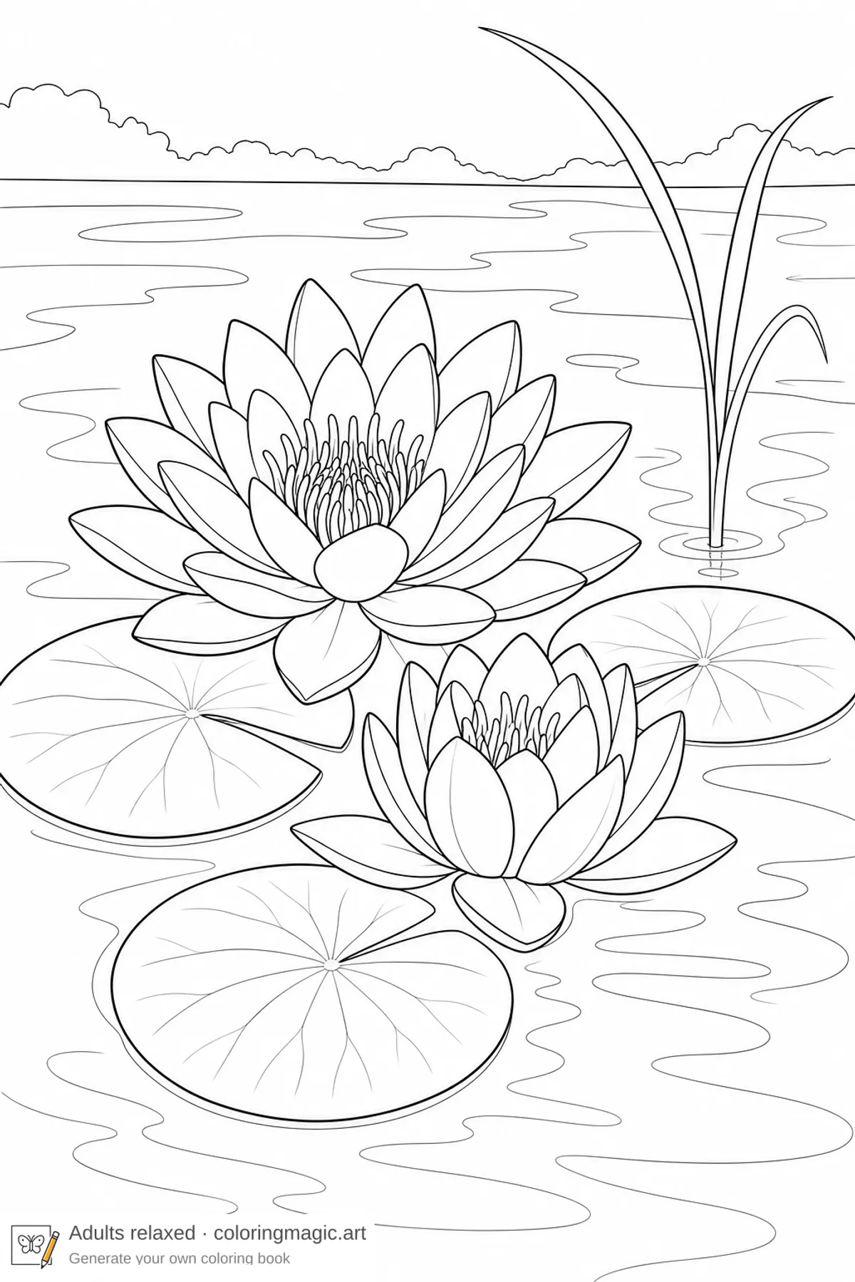 Water lilies and lily pads on calm water, relaxing flower coloring page printable