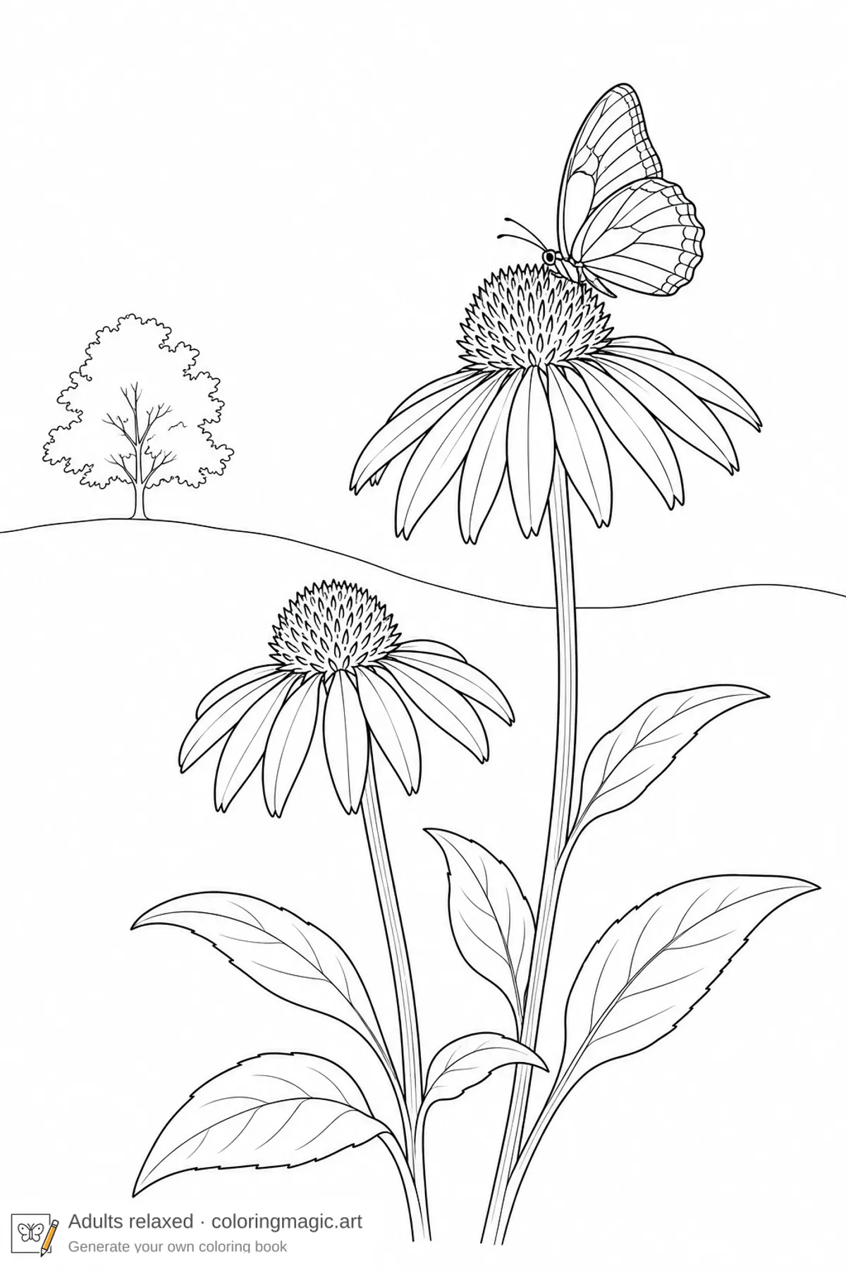 Coneflowers with butterfly on a quiet meadow slope, relaxing summer coloring page printable