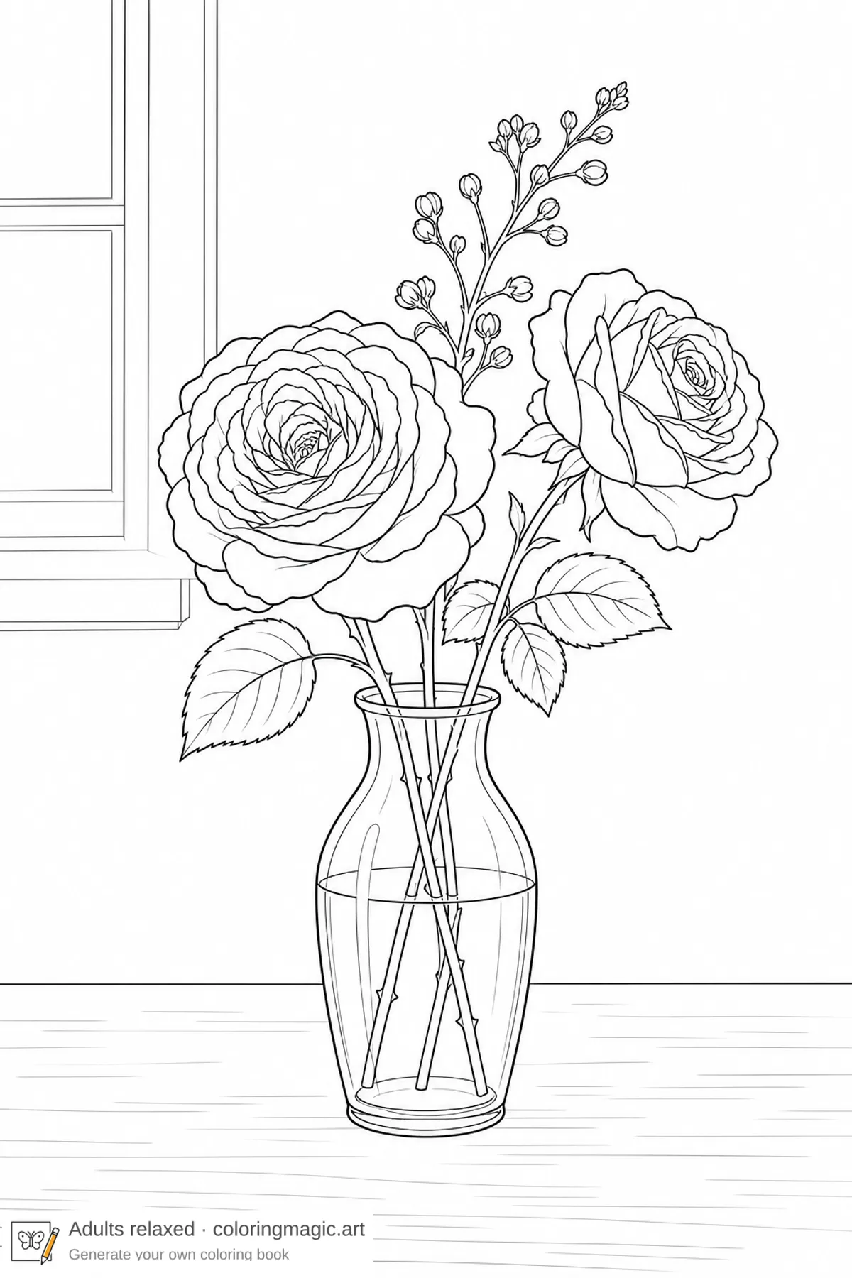 Glass vase with garden roses on a calm tabletop, relaxing flower coloring page printable