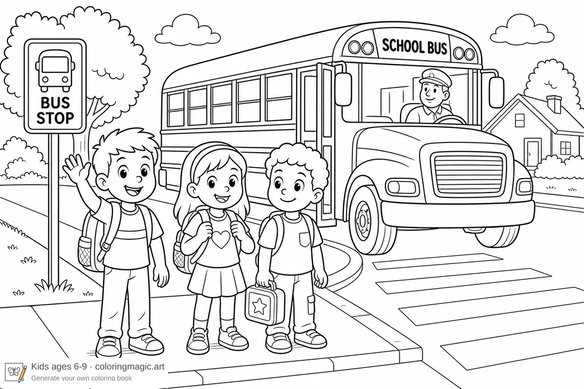 Three children with backpacks at a bus stop with a school bus in the background back-to-school coloring page for kids