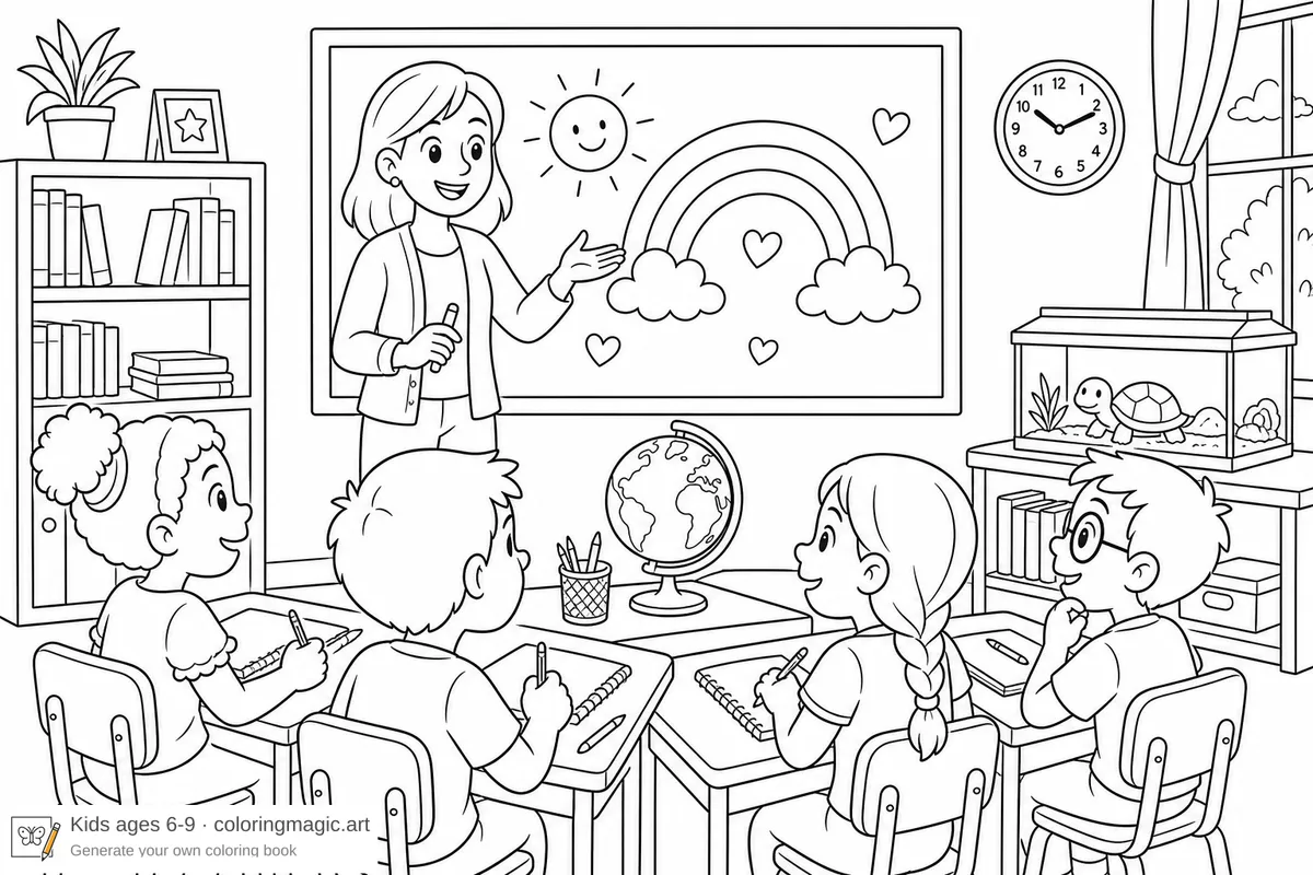 Teacher welcoming students in a classroom with desks, globe, bookshelf, and classroom pet tank elementary school coloring page for kids