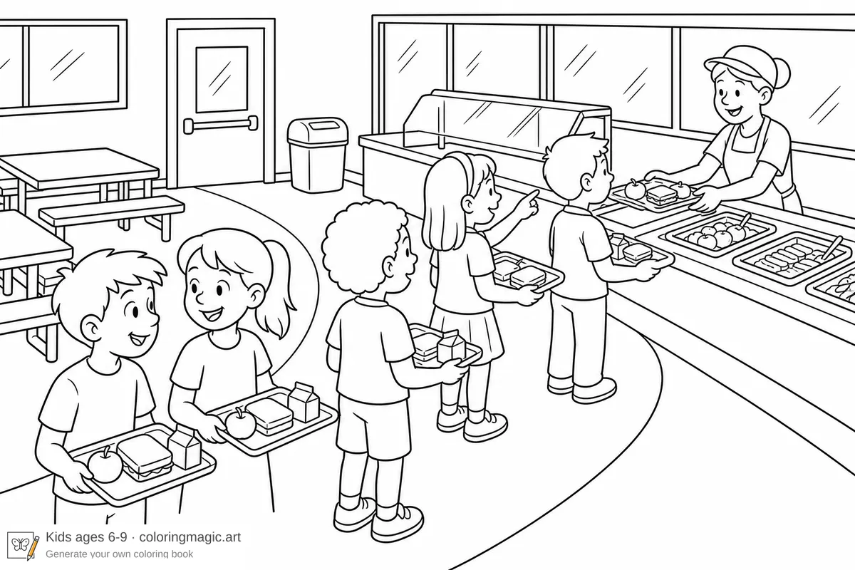 Children in a school cafeteria lunch line with trays, food choices, and serving counter elementary coloring page for kids ages 6-9