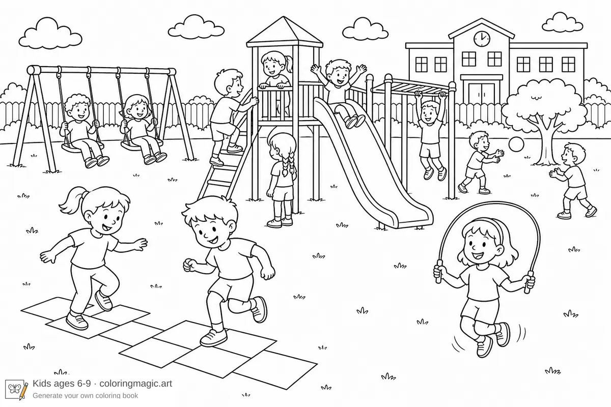 Children playing on a school playground with hopscotch, slide, swings, and climbing bars recess coloring page for elementary kids