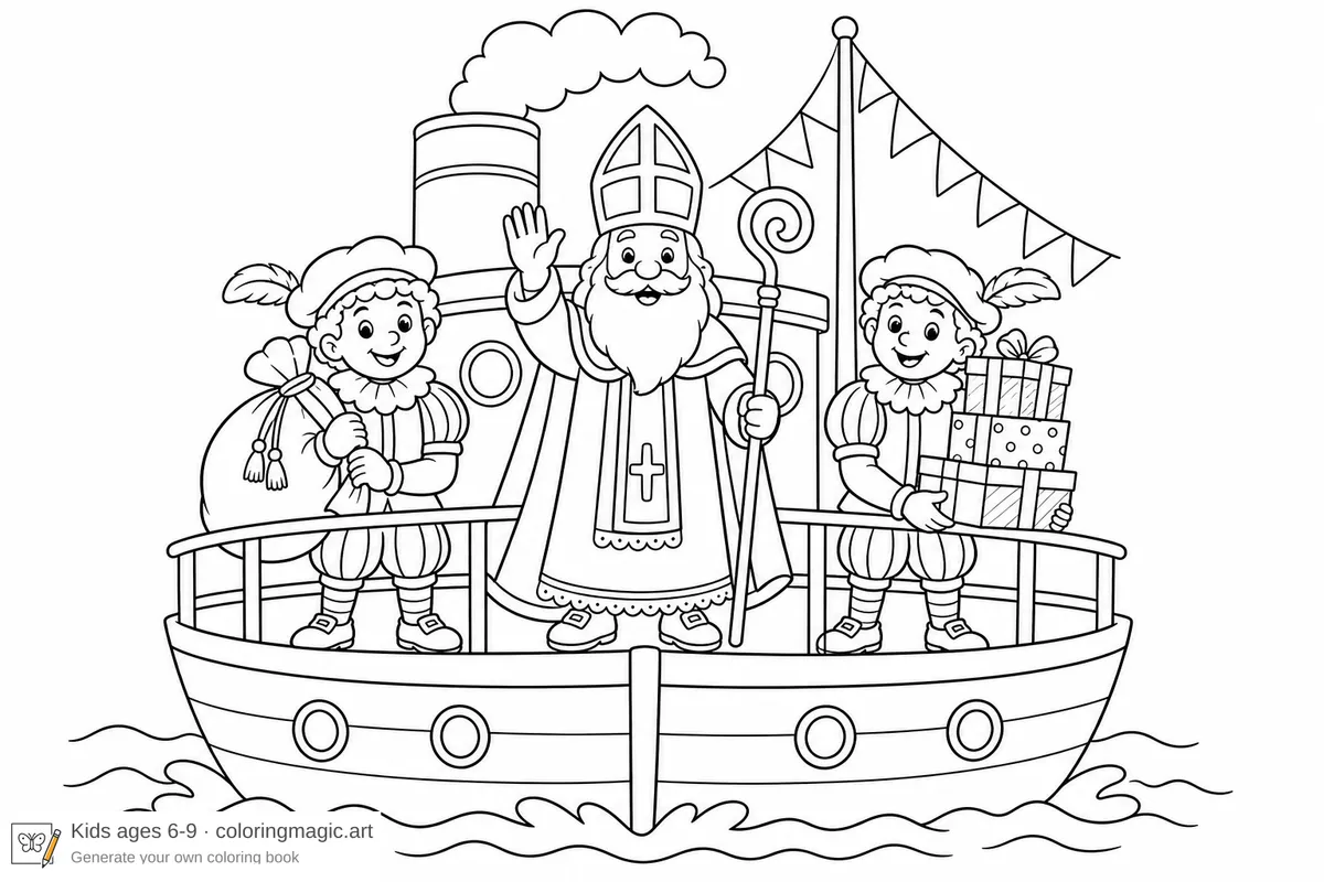 Sinterklaas op een stoomboot met Pieten en cadeautjes — warme Sinterklaas kleurplaat voor kinderen