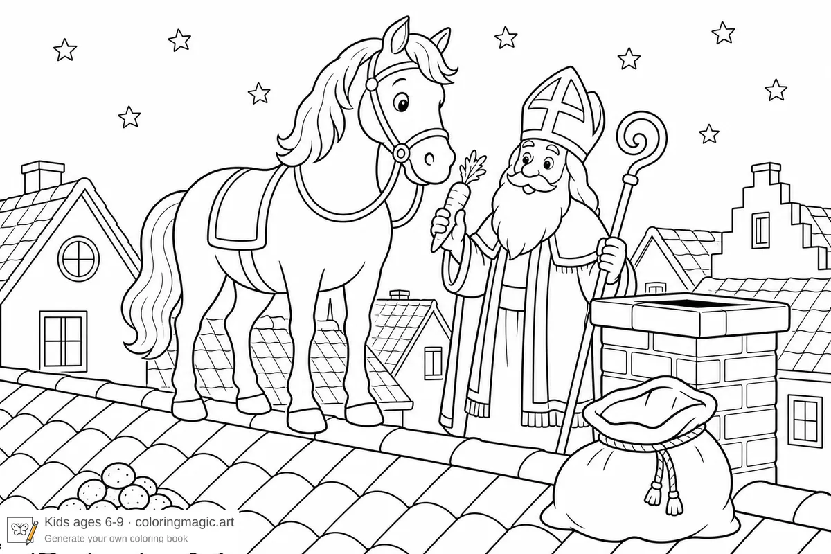 Wit paard van Sinterklaas op een schuin dak met wortel pepernoten en open zak schoorsteen Sinterklaas kleurplaat voor basisschoolkinderen