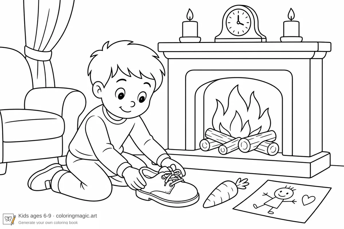 Kind zet schoentje neer voor open haard met wortel tekening kaarsen en klok schoentje zetten Sinterklaas kleurplaat voor kinderen