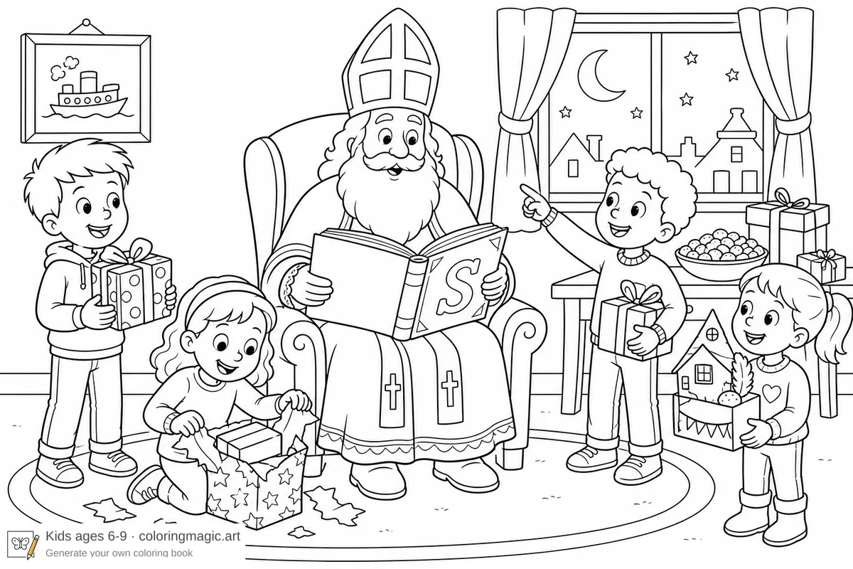 Sinterklaas in stoel met boek drie kinderen met cadeautjes pepernoten en maan bij raam pakjesavond Sinterklaas kleurplaat voor kinderen leeftijd 6-9