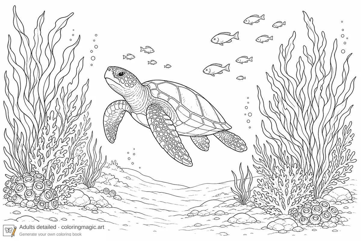 Sea turtle swimming calmly between seaweed with small fish and sparse coral, relaxing ocean coloring page printable