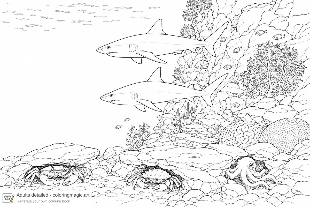 Two reef sharks gliding along a vertical reef wall with crabs and hidden octopus, calm underwater coloring page printable
