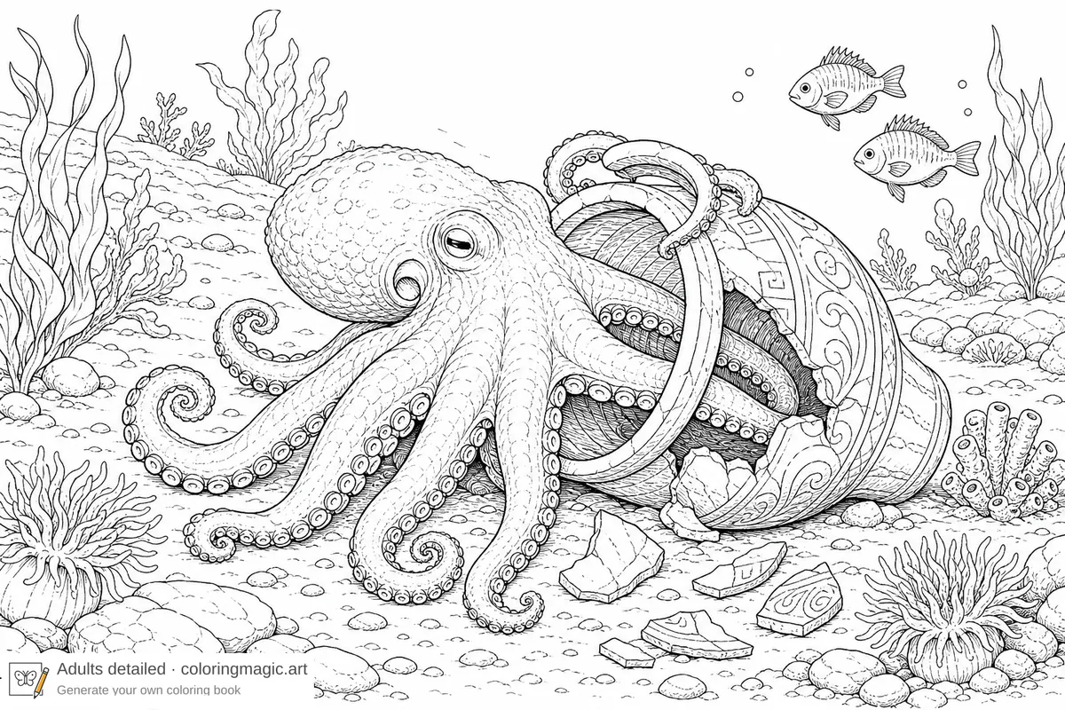 Octopus curling into an ancient broken vase on the seabed with seaweed and coral, detailed ocean coloring page printable