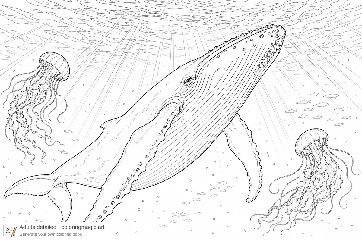 Humpback whale rising toward sun rays through rippled water with drifting jellyfish, calm ocean coloring page printable
