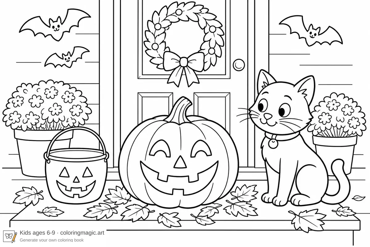 Smiling jack-o'-lantern on a porch step with a friendly black cat and trick-or-treat bucket Halloween coloring page for kids