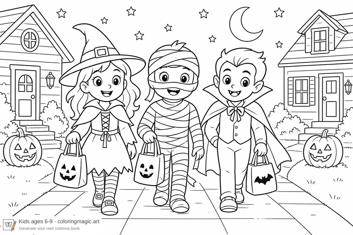 Three children in witch mummy and vampire costumes walking together on a sidewalk with treat bags and carved pumpkins Halloween coloring page for elementary kids