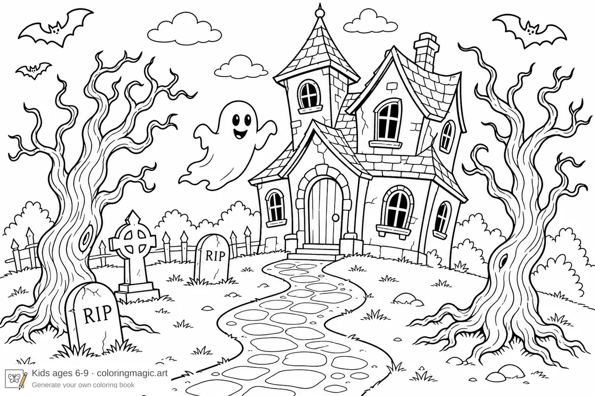 Friendly haunted house with crooked roof, winding path, twisted trees, tombstones, and a smiling ghost floating near the doorway Halloween coloring page for kids