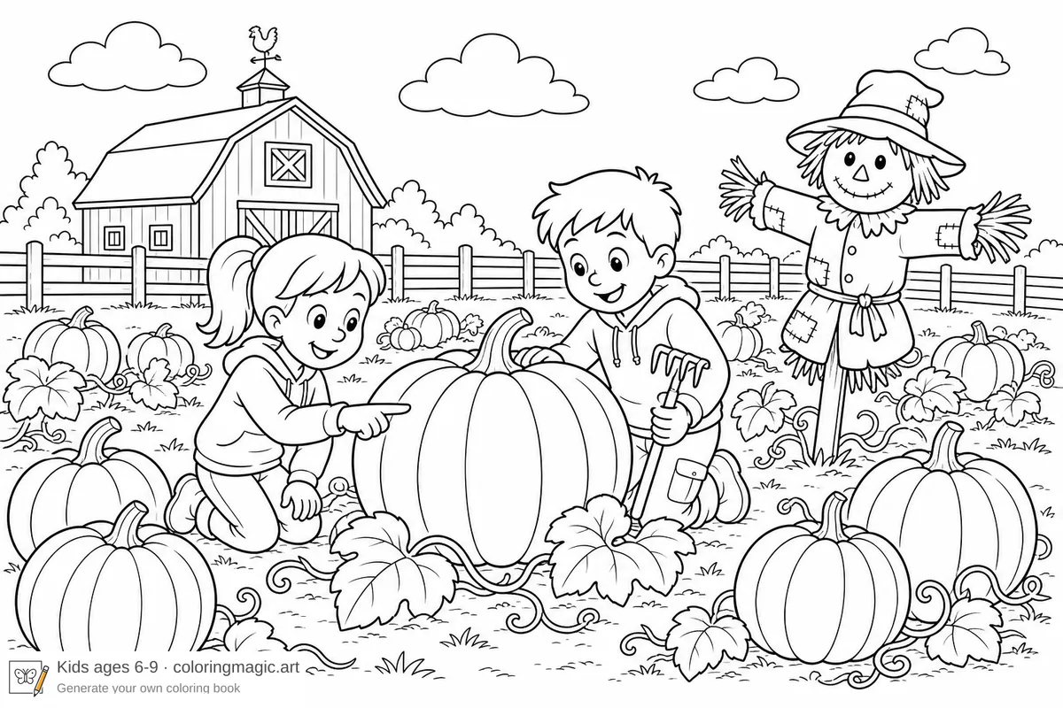 Two children kneeling in a pumpkin patch beside a large pumpkin with a scarecrow, barn silhouette, and fence line autumn Halloween coloring page for kids ages 6-9