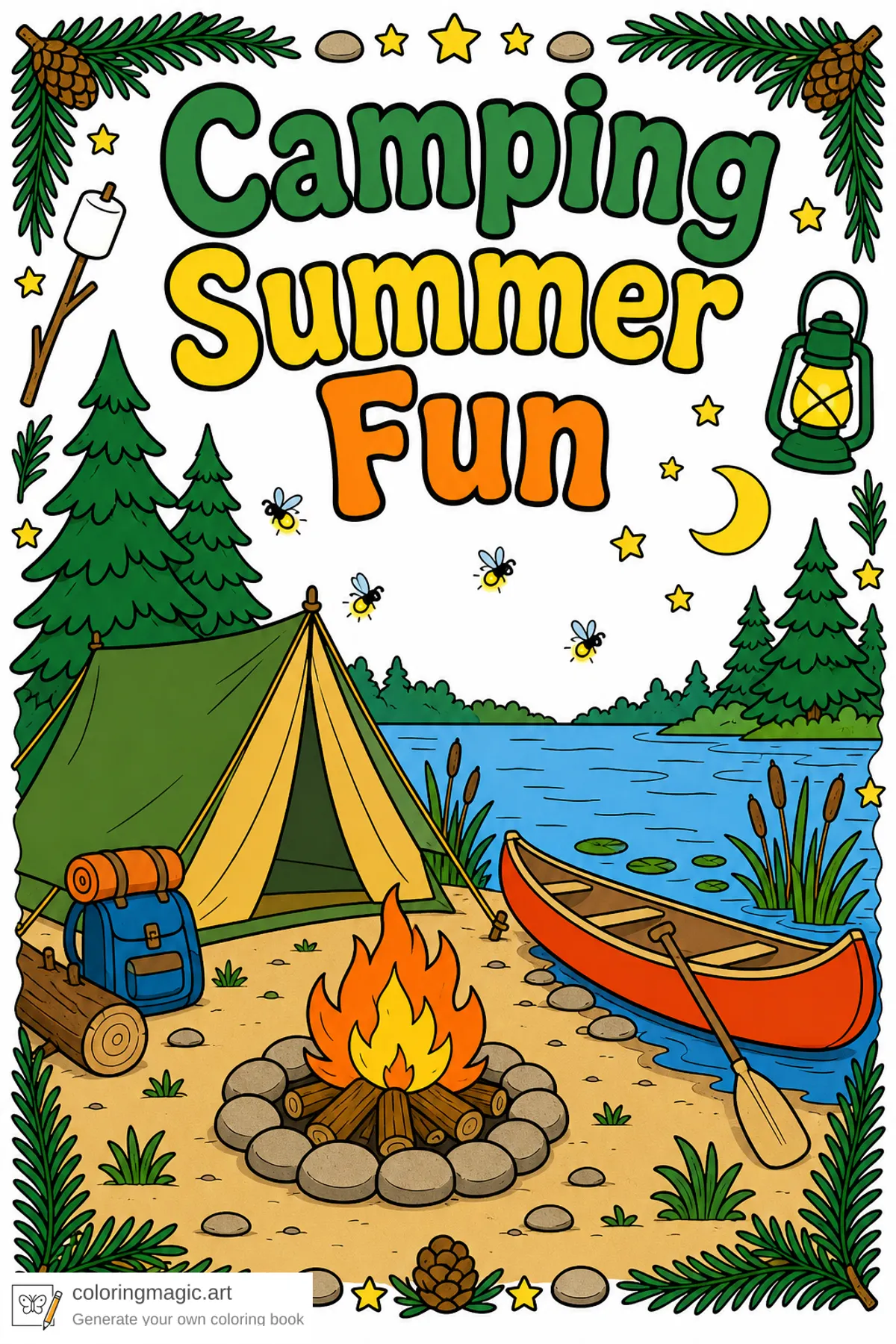Camping Summer Fun coloring page front cover with tent lake campfire canoe and pine trees