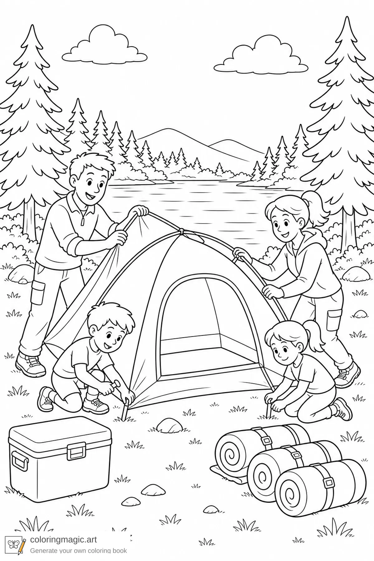 Kids camping coloring page of a family pitching a tent beside a calm lake with cooler and pine trees