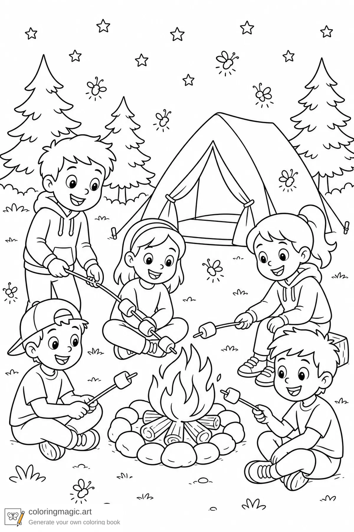 Kids camping coloring page of children roasting marshmallows around a campfire with tent and fireflies