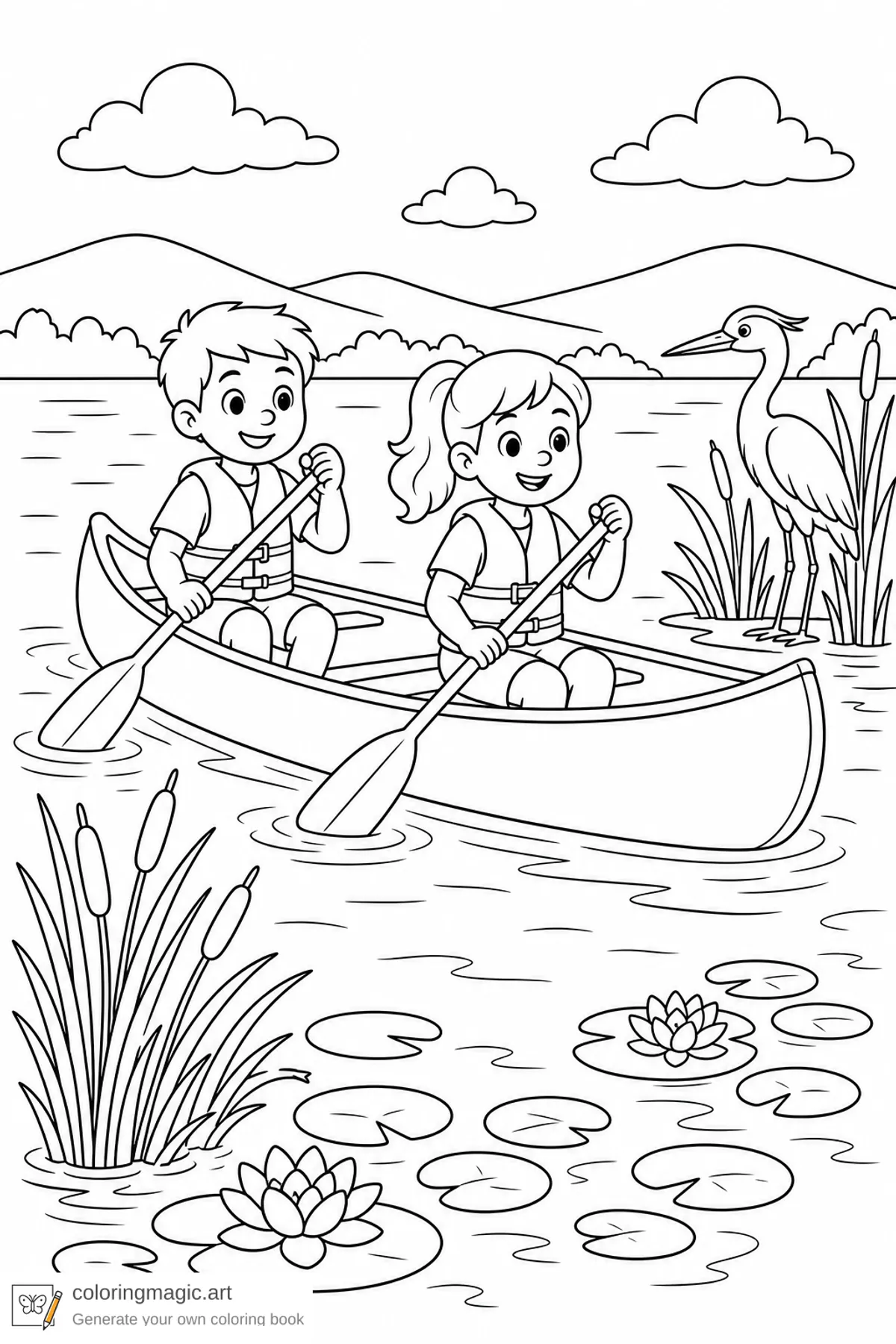 Kids camping coloring page of two children paddling a canoe near reeds lily pads and a heron