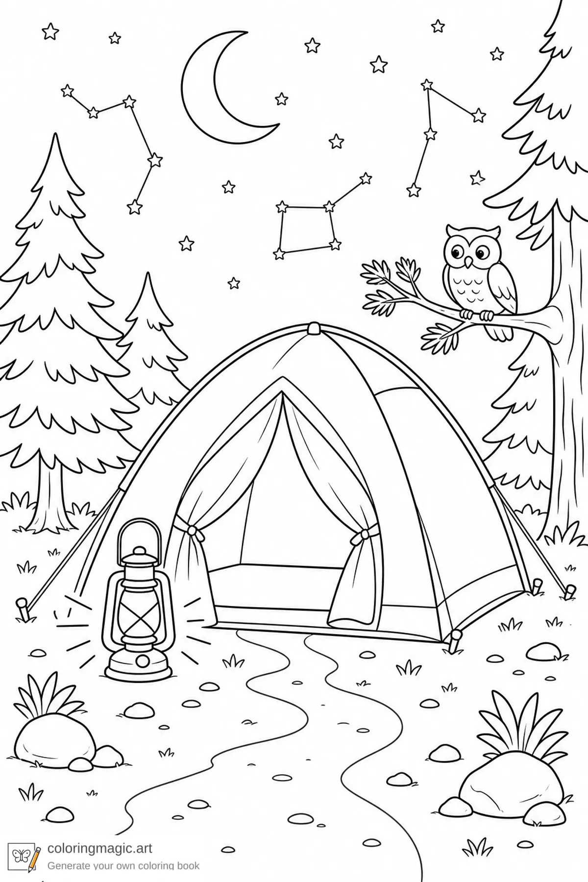 Kids camping coloring page of a night tent with lantern crescent moon constellations and a tiny owl