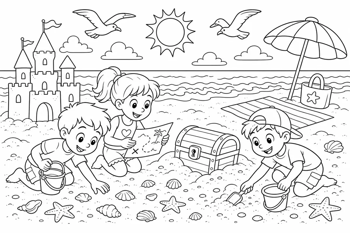 Kids on a beach searching for treasure with sandcastle and seagulls summer coloring page