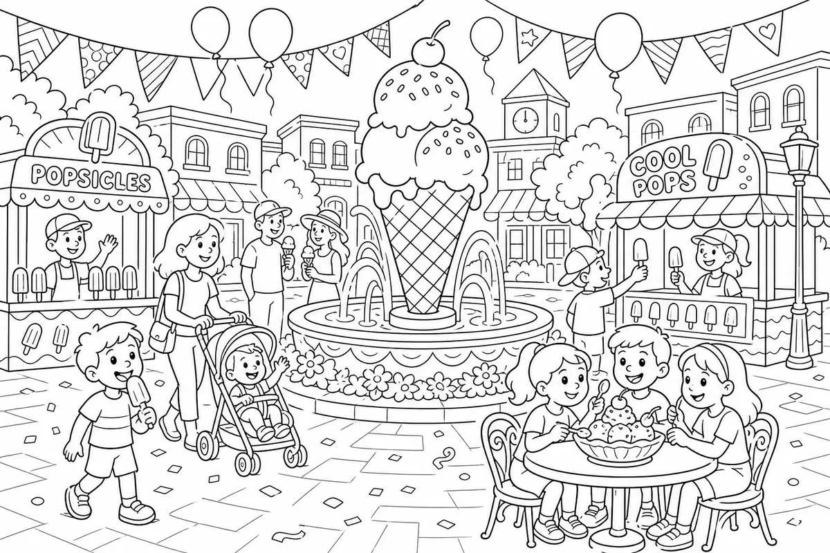 Town square summer festival with ice cream statue and families coloring page