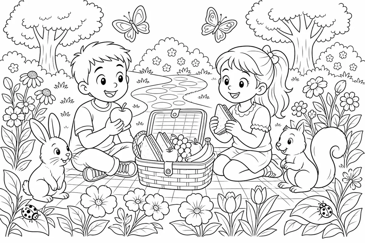 Two children on a picnic blanket with butterflies and small animals coloring page