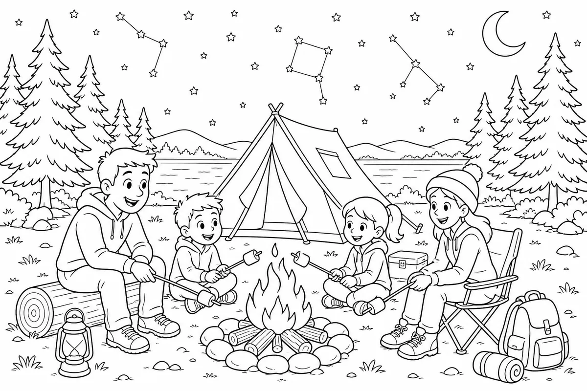 Family camping by a lake at night with campfire and stars coloring page