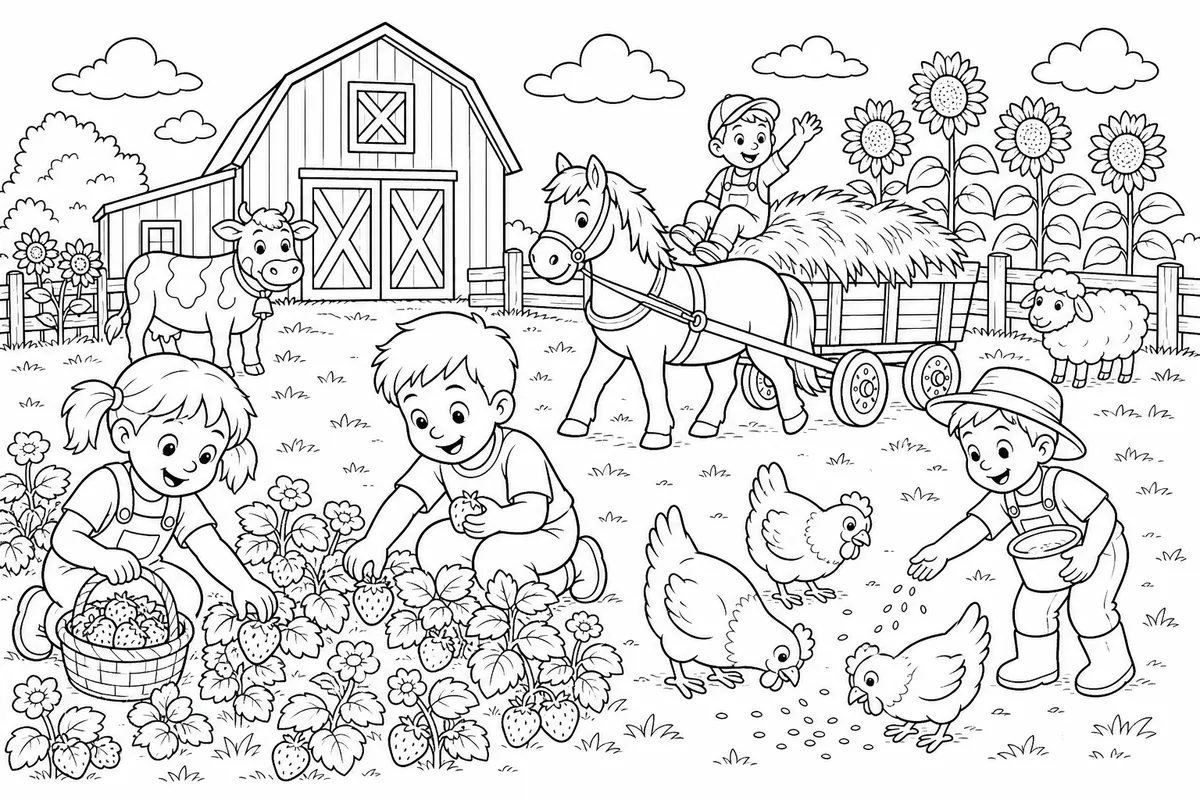 Children picking strawberries and feeding chickens on a farm summer coloring page