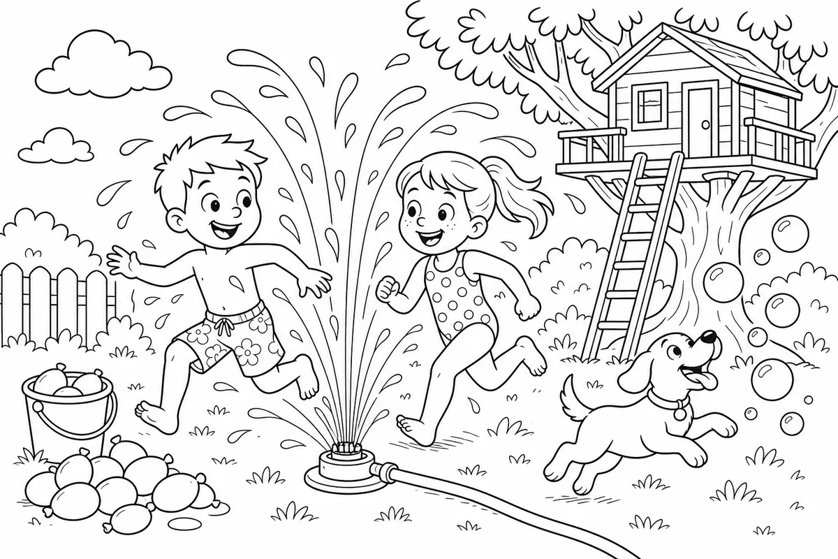 Kids running through a backyard sprinkler with treehouse summer coloring page
