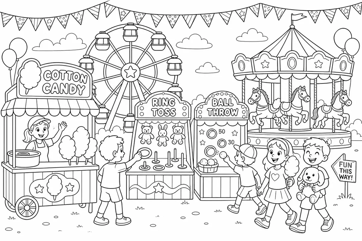 Carnival with Ferris wheel carousel and game booths summer coloring page for kids