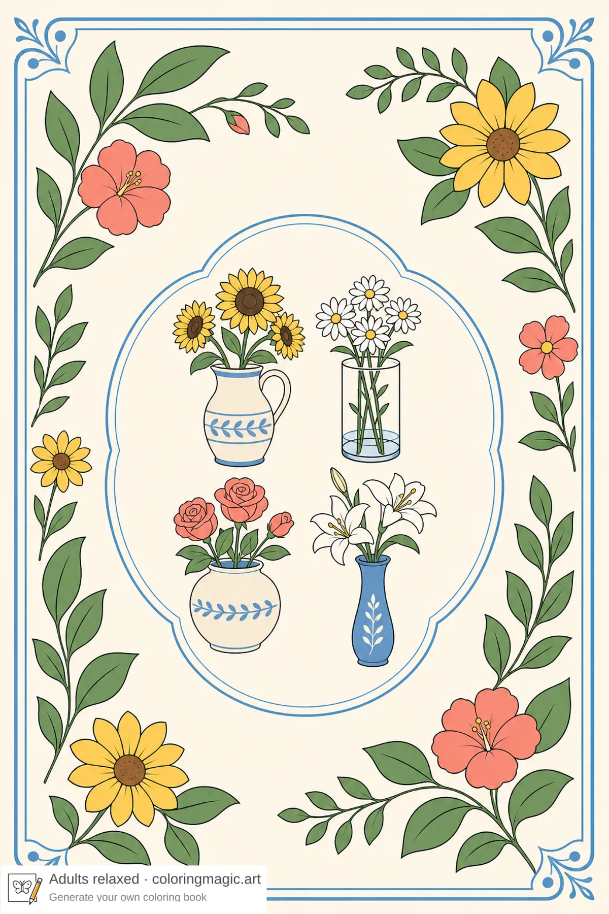 Pagina da colorare retro Summer Flowers con quattro icone di vaso in bordo botanico