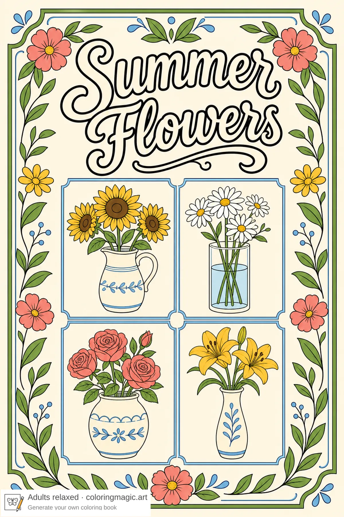 Pagina da colorare copertina colorata Summer Flowers con quattro vignette di vasi