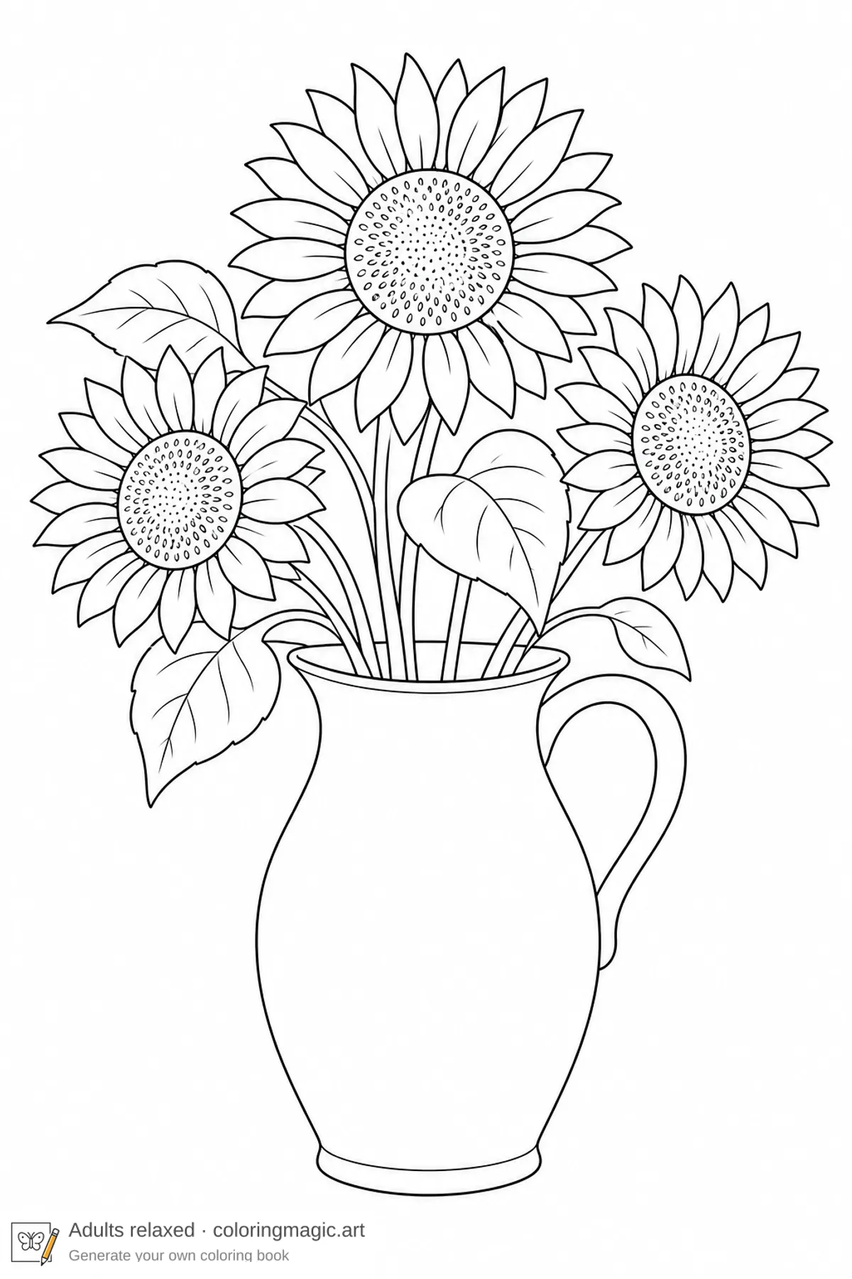 Pagina da colorare brocca in ceramica con girasoli, stile adult-relaxed verticale