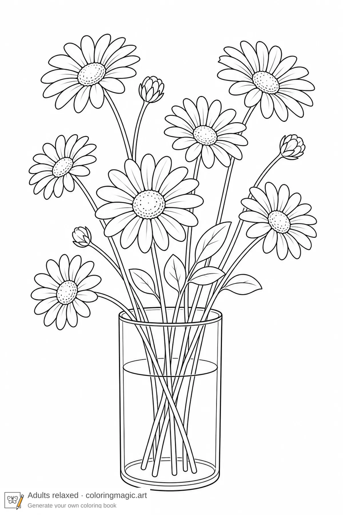 Pagina da colorare vaso di vetro con mazzo di margherite, stile adult-relaxed