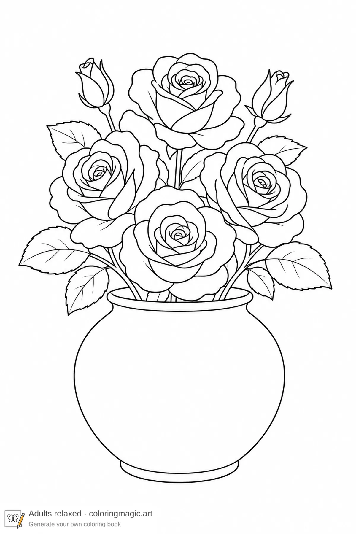 Pagina da colorare vaso arrotondato con bouquet di rose compatto, stile adult-relaxed