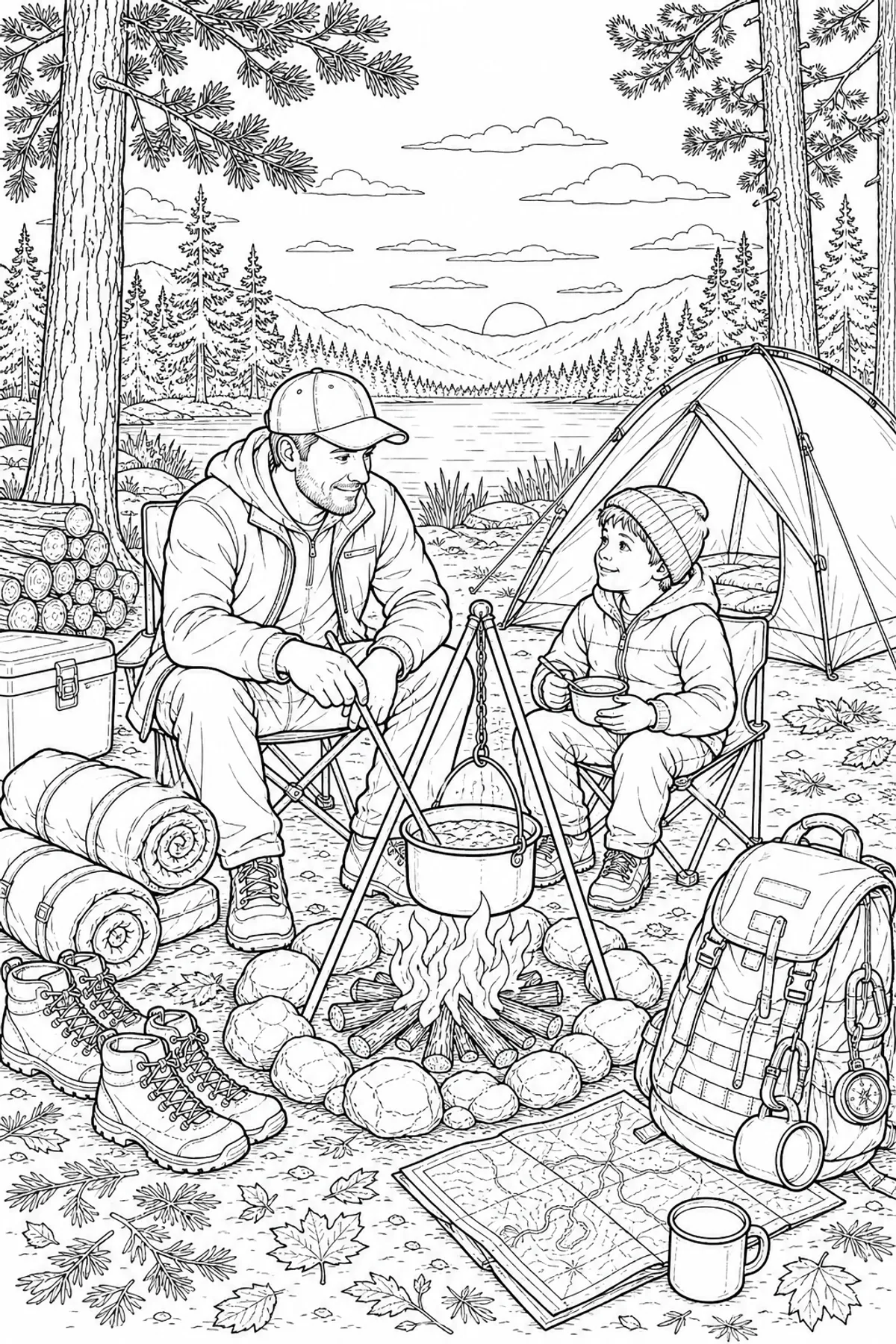 Father and child lakeside campfire supper coloring page printable with dusk outdoor scene