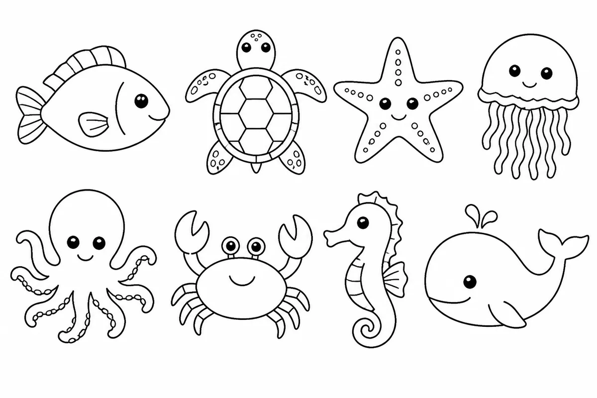 Fish turtle starfish octopus crab seahorse and whale sea creature coloring pages for preschool cutting activities