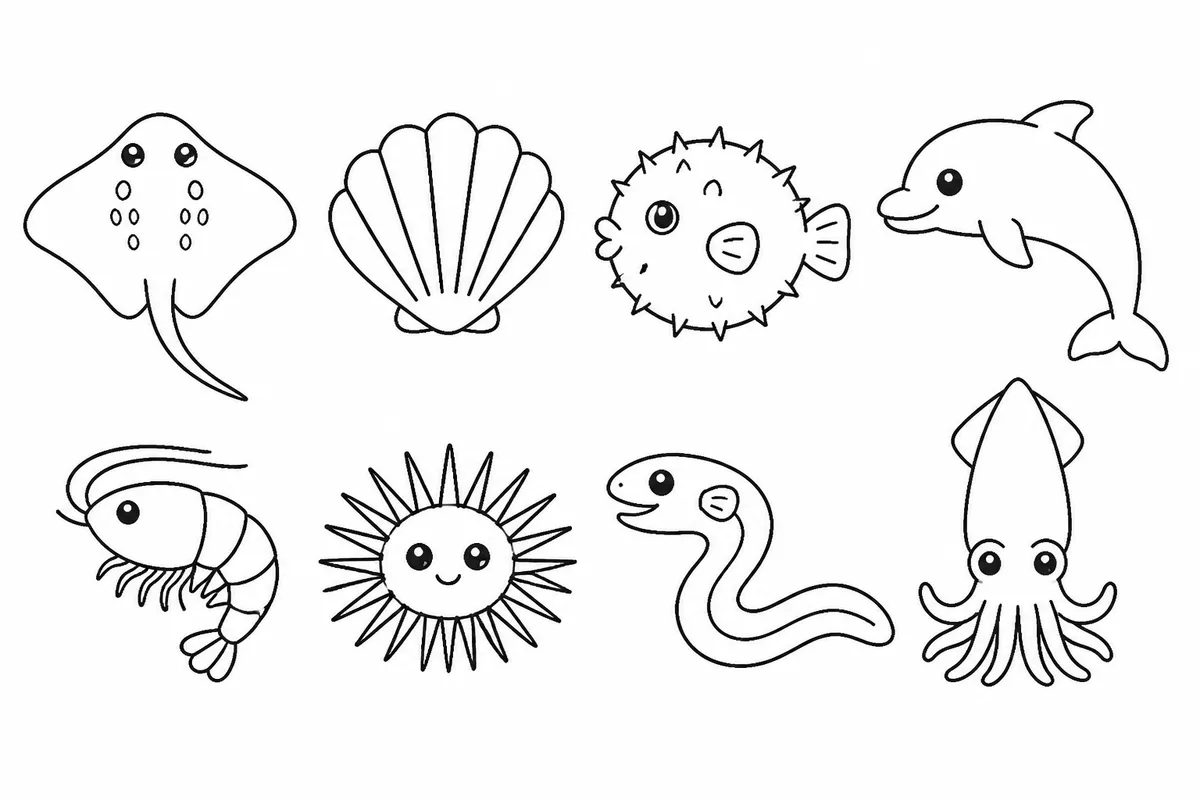 Stingray clam dolphin pufferfish shrimp squid eel and sea urchin sea creature coloring pages printable for kindergarten