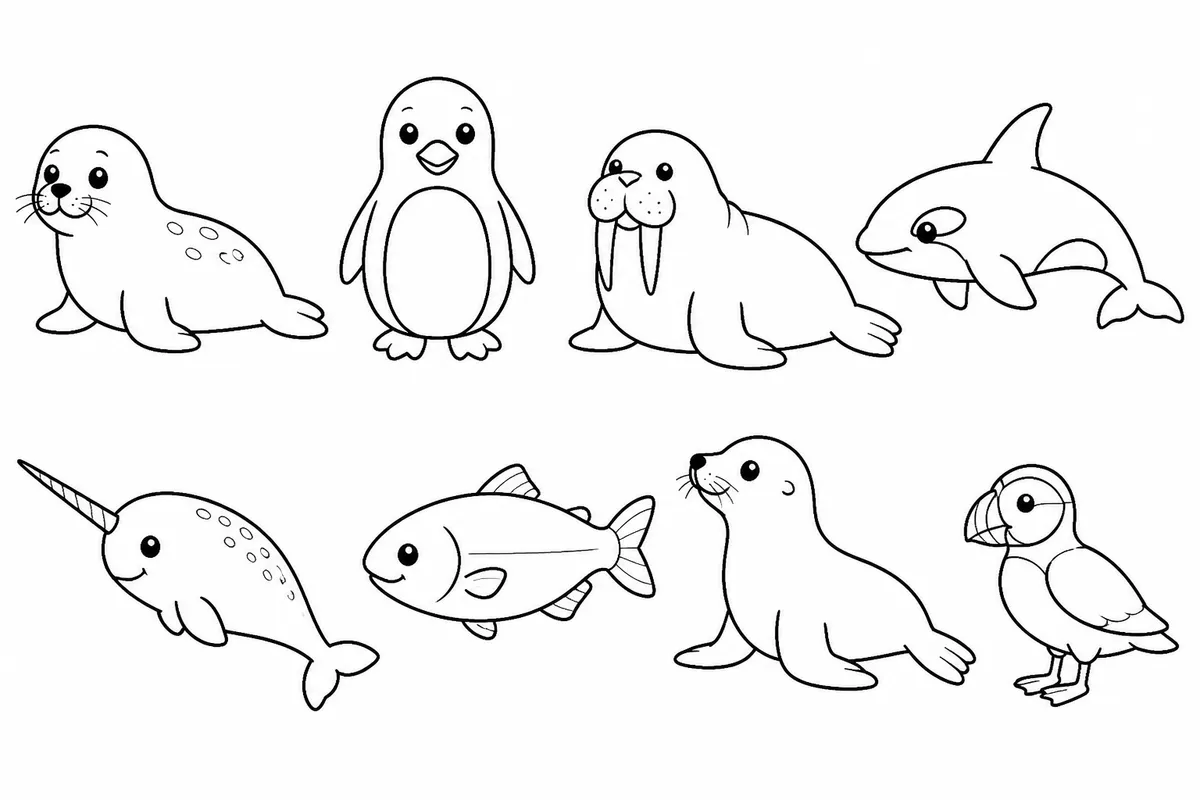 Seal penguin walrus orca narwhal polar fish sea lion and puffin cold ocean animal coloring pages printable for preschool
