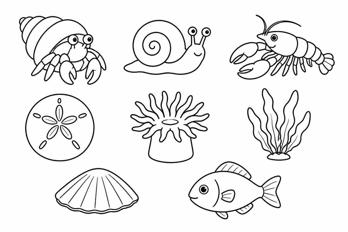 Hermit crab snail lobster sand dollar sea anemone seaweed and limpet tidepool creature coloring pages printable for daycare