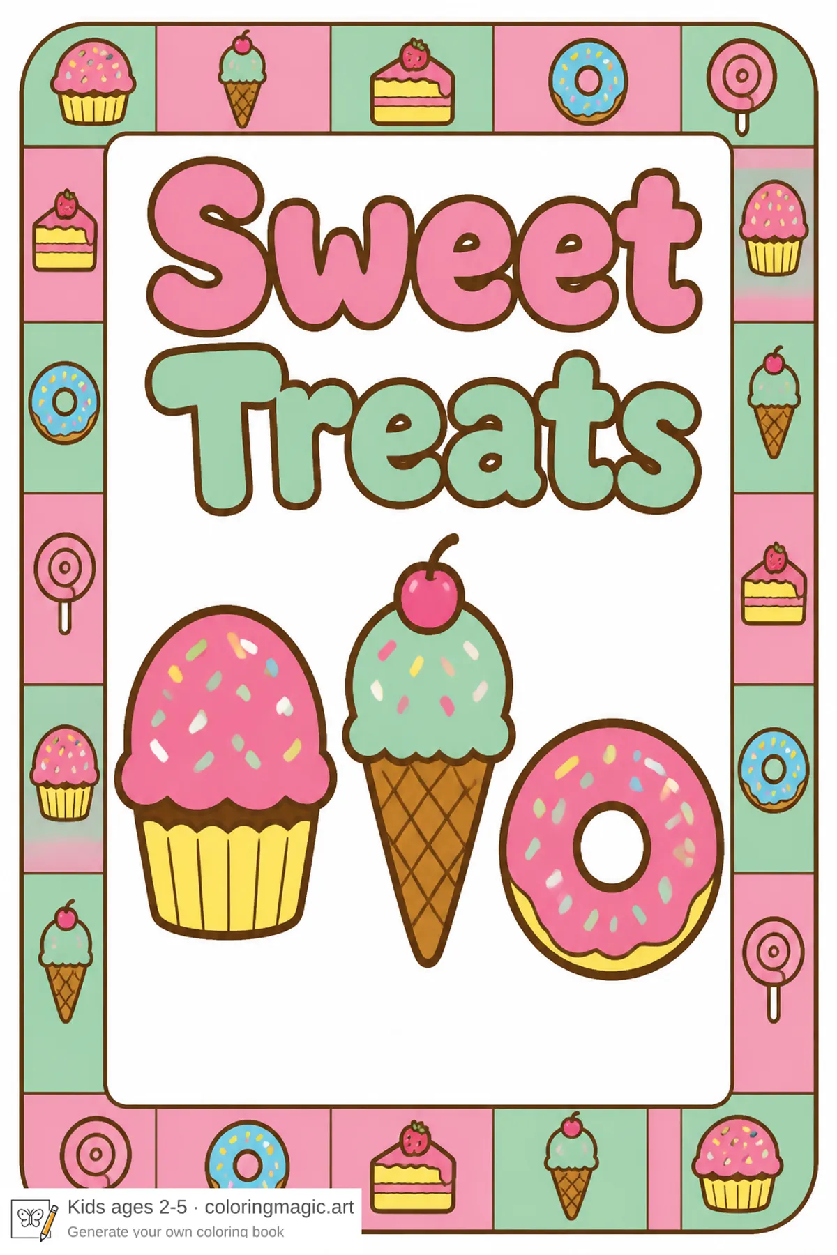 Pagina da colorare copertina Sweet Treats con muffin, gelato, ciambella e cornice di caramelle